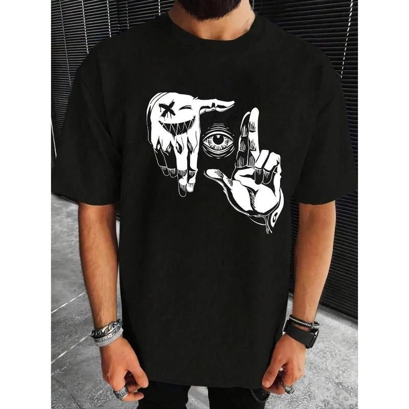 Hand pattern printed T-shirt men's casual style summer and autumn slightly elastic round neck T-shirt Made in USA