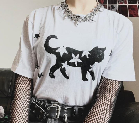 White Starry Black Cat Unisex T-shirt / Handprinted Linocut Tee, Perfect gift, Clothing Gift, gift for her, gift for women, Birthday Gift