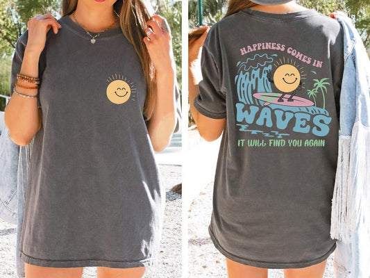Happiness Comes In Waves Comfort Color Tees, Comfort Colors Oversized Tshirt, Summer Shirt, Vacation Shirt, Beach Womenswear Tee, Birthday Gift