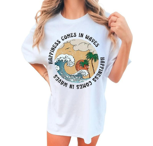 Happiness Comes In Waves Shirt, Summer Shirt, Beach T Shirt, Beach Life Tee, Boho Girl, Vintage Inspired Cotton T Shirt, Unisex T-Shirt, Short Sleeve Tee Shirt, Gifts For Women, Gifts For Birthday Mothers Day Christmas Fit Top