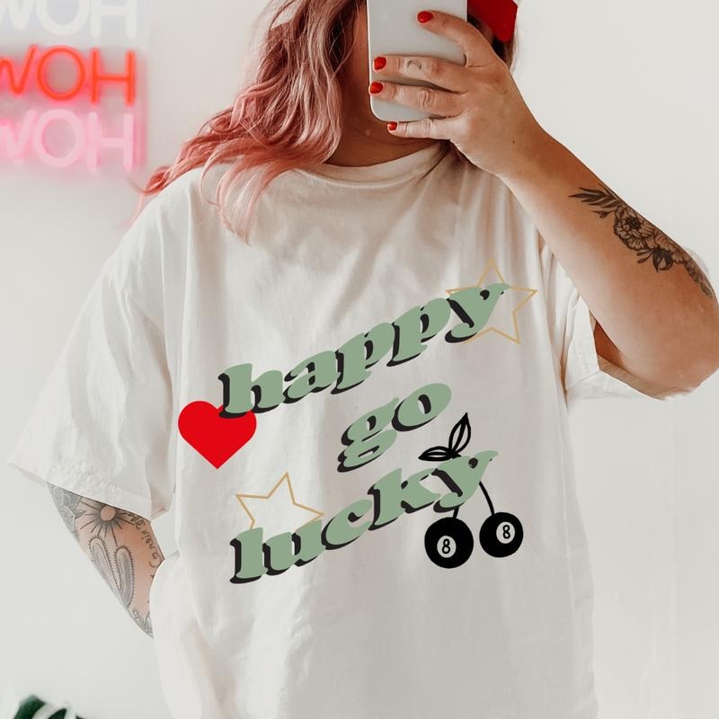 Happy Go Lucky Retro Doodle Shirt ~ Unisex Apparel Relaxed Fit Printed In The USA Clothing Womenswear Casual Comfort Cotton Top Athletic Boho Chic