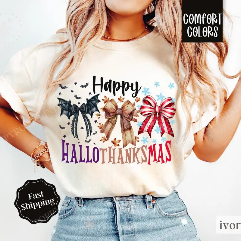 Happy Hallothankmas Shirt Comfort Colors , Halloween Thanksgiving Christmas Shirt,  Women's Holiday Tee