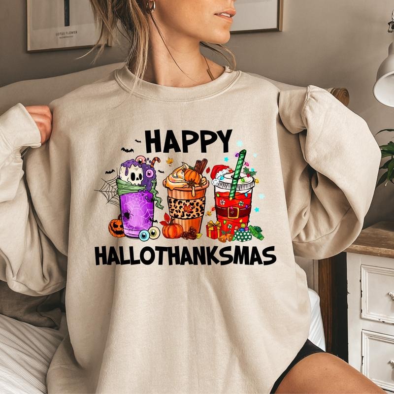 Happy Hallothanksmas Coffee Sweatshirt, Happy Halloween Shirt, Thanksgiving Shirt, Christmas 2024 Shirt, Santa Shirt, Autumn Cotton Crewneck