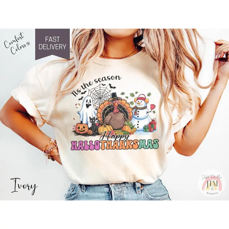 Happy Hallothanksmas Comfort Colors Shirt Tis The Season Tshirt Halloween Thanksgiving And Christmas Gift Holiday Season T-shirt
