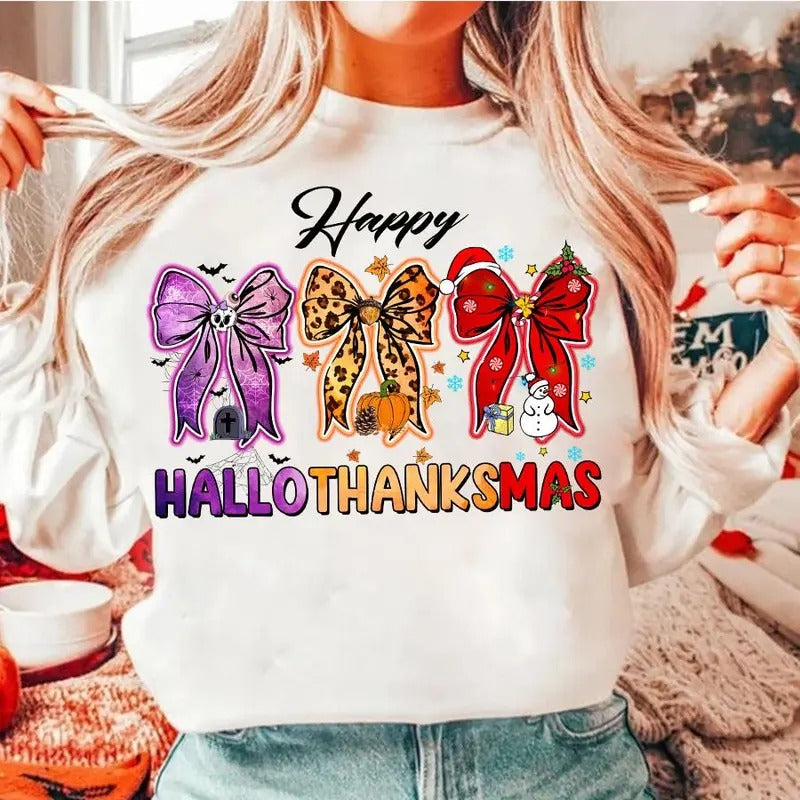 Happy Hallothanksmas Coquette Bow T-Shirt, Halloween Thanksgiving Christmas Sweatshirt, Pumpkin Spice Snowmen Pie Holiday Clothing, Unisex