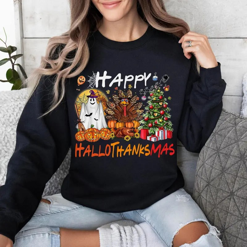 Happy Hallothanksmas Shirt, Halloween Thanksgiving Christmas Sweatshirt, Holiday Season Shirt, Funny Halloween Tee, Fall Shirt, Autumn Gift