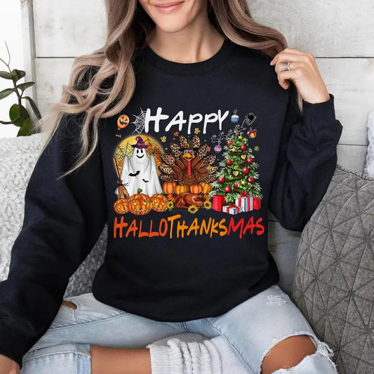 Happy Hallothanksmas Shirt, Halloween Thanksgiving Christmas Sweatshirt, Holiday Season Shirt, Funny Halloween Tee, Fall Shirt, Autumn Gift