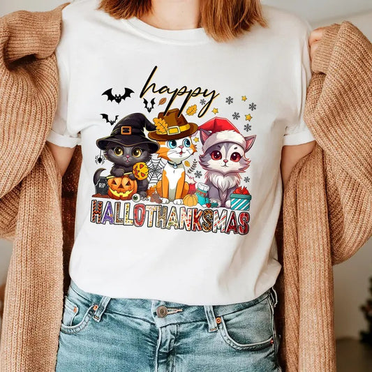 Happy Hallothanksmas Shirt,Cat Sweatshirt, Holiday Season Shirt, Halloween Shirt, Thanksgiving Shirt, Christmas Shirt