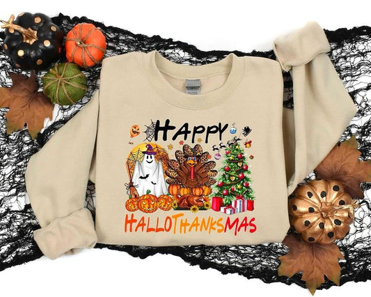 Happy Hallothanksmas Sweatshirt, Halloween Thanksgiving Christmas Crewneck, Fall Vibes Shirt, Holiday Season Shirt, Autumn Sweater, Pumpkin Christmas Tree Shirt