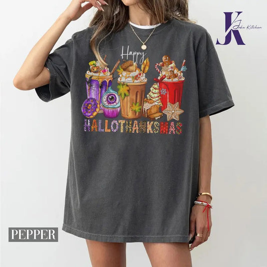 Happy Hallothanksmas (Iced Coffee) Comfort Colors Shirt, Thanksgiving Shirt