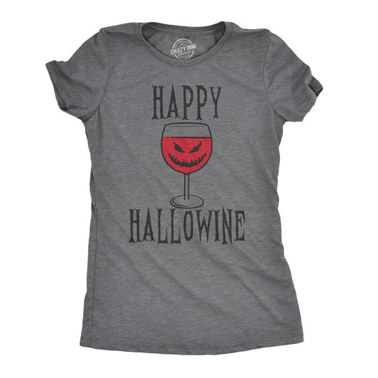 Happy Hallowine Funny Halloween Wine Glass Drinking T Shirt For Woman Funny Womens T Shirts Cute Slimming Top Comfortable Soft Womenswear Halloween Tops for Women Funny Wine Top Women's Novelty Tees Dark Grey