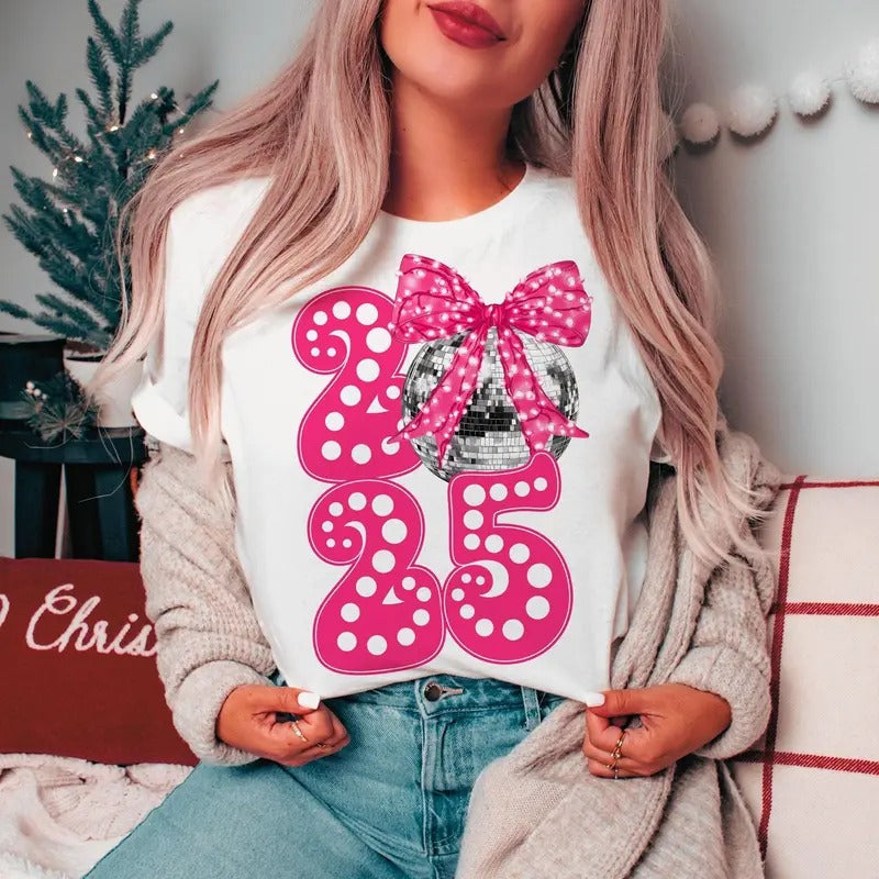 Happy New Year 2025 Shirt, Disco Ball New Year's Sweatshirt, Trending Pink Bow Social Club T-Shirt, Coquette New Year Clothing, Unisex Cotton Crewneck