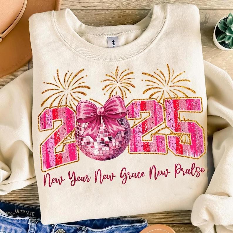 Happy New Year 2025 Sweatshirt Pink Coquette Bow , Retro New Years ,  Disco Ball , New Year New Me , Varsity ,...
