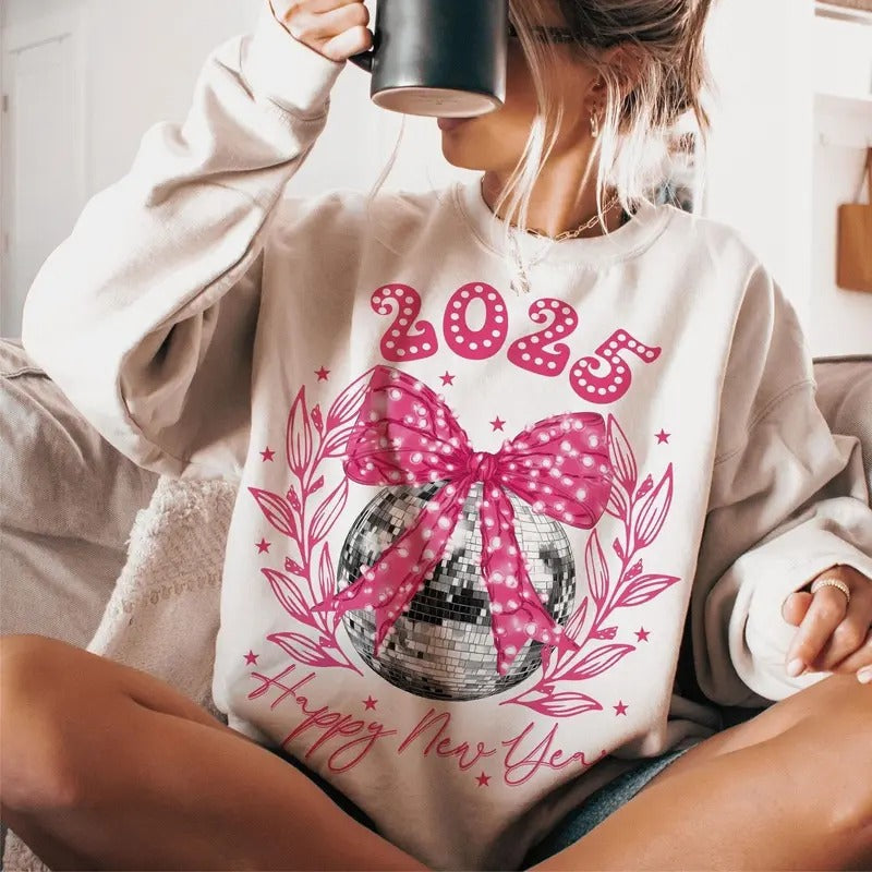 Happy New Year 2025 Sweatshirt, Disco Ball New Year's Shirt, Trending Pink Bow Social Club T-Shirt, Coquette New Year Clothing, Unisex Cotton Crewneck