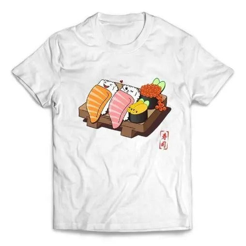 Happy Nigiri Sushi, Ikura and Uni on Wooden Plate - Short Sleeve Unisex, Men, Women, Youth T-Shirt Made in USA