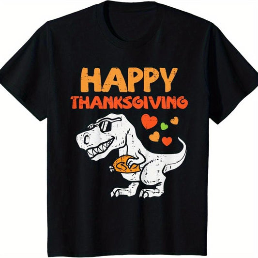 Happy Thanksgiving Dinosaur Applique T-Shirt, Cotton Blend Crew Neck Tee, Geometric Pattern, Slight Stretch, Knit Fabric, for Casual & Sports Wear, Fits Adults and Teens Made in USA