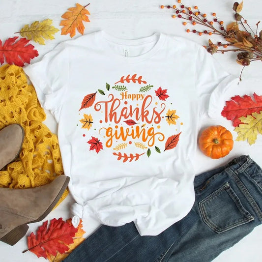 Happy Thanksgiving Shirt - White Polyester Tee with "Happy Thanks" Design, Featuring Pumpkin and Fall Leaves, Comfortable for Summer Wear