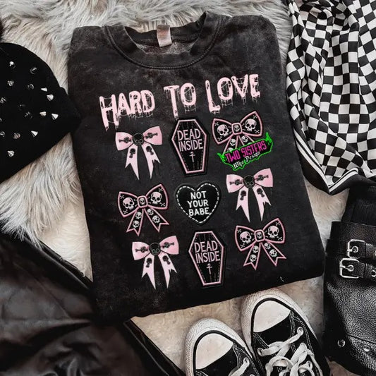 Hard to Love Coquette Bow Black Mineral Wash Crewneck Sweatshirt T Shirt Pullover Women's Vintage Graphic Hoodie Casual Cotton Streetwear