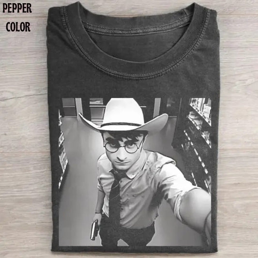 Harry the Cowboy with a Gun Vintage T-shirt, Meme Cringe Funny Dumb Shirts, Unisex Harry Potter Movie Shirt Menswear Womenswear Streetwear