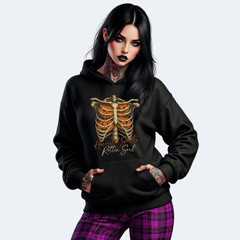 Harvested Secrets Rotten Soul Halloween Spooky Sweatshirt T Shirt or Hoodie Vintage Grunge Aesthetic with Skulls Retro Vibes Casual Cotton Fit Women's Pullover Graphic Crew Neck Long Sleeve