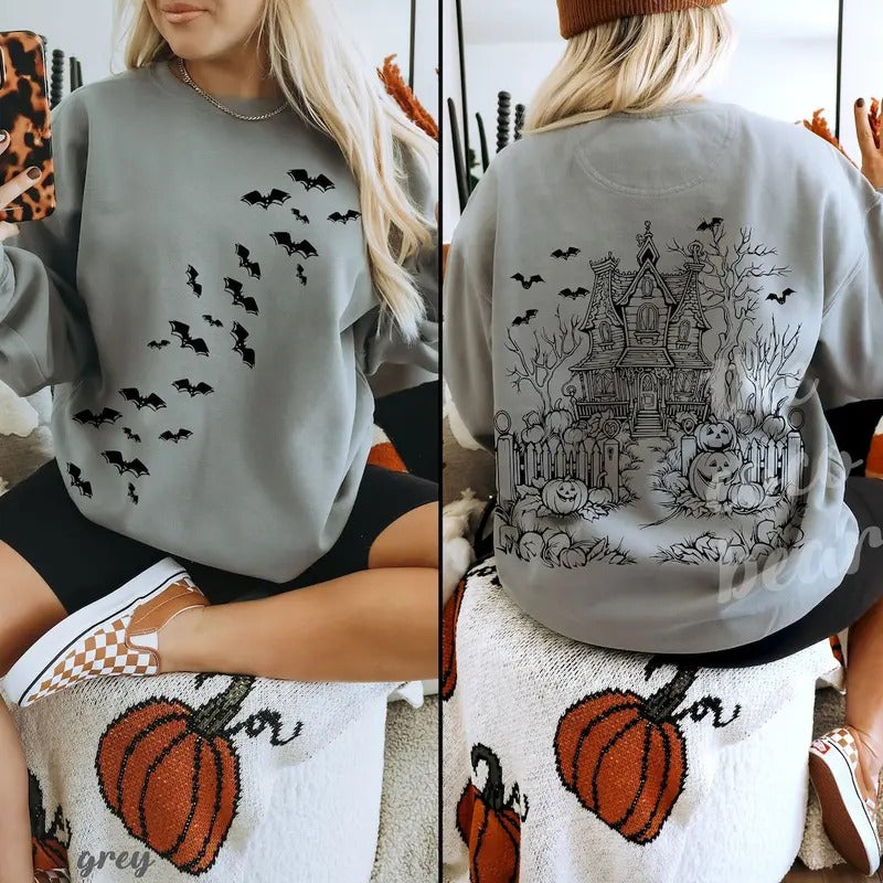 Haunted House Halloween Sweatshirt, Halloween Party Bats Crewneck Spooky Season Shirt