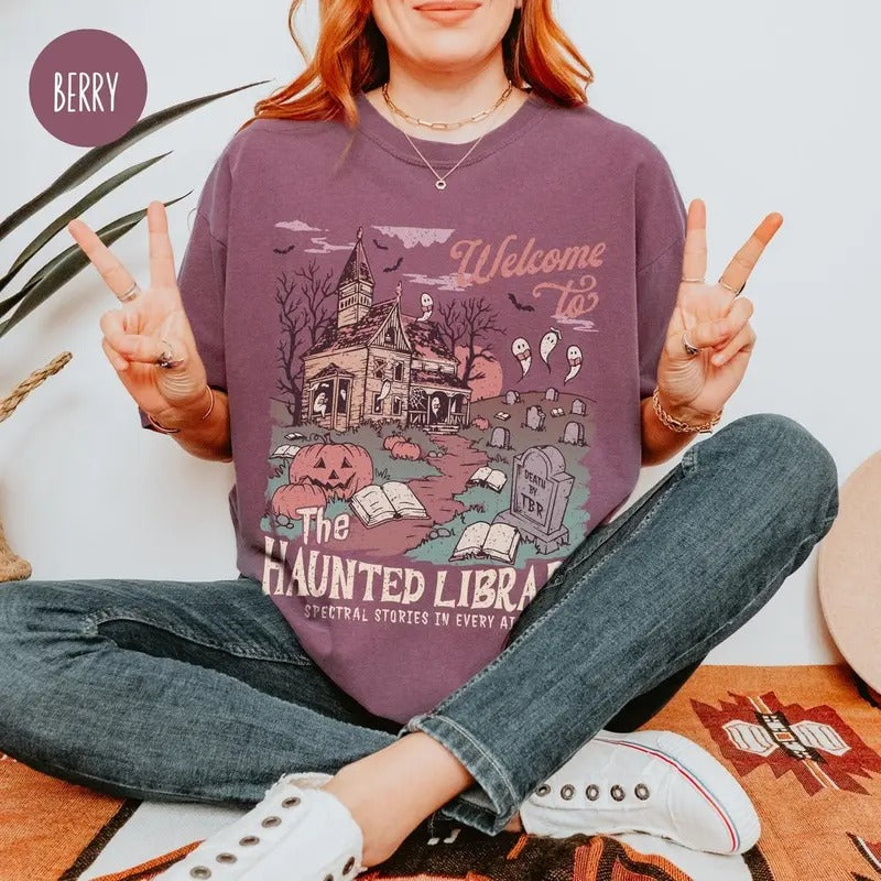 Haunted Library Comfort Colors Shirt for Book Lover Funny Halloween Librarian Graphic Tee Bookish Spooky Crewneck Reading Ghost T-Shirt Fall