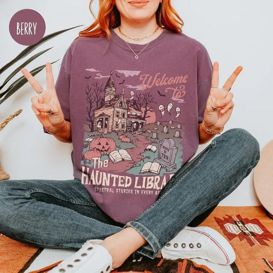Haunted Library Comfort Colors Shirt for Book Lover Funny Halloween Librarian Graphic Tee Bookish Spooky Crewneck Reading Ghost T-Shirt Fall