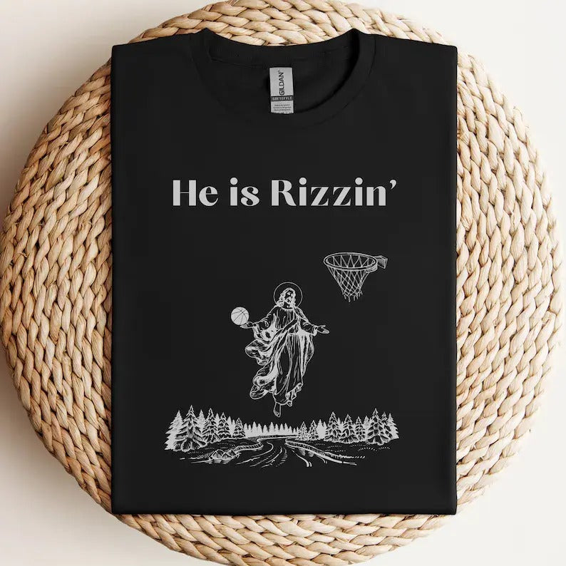 He Is Rizzin' Easter Basketball Tee, Funny Jesus Hoops Shirt, Hilarious Holiday Apparel