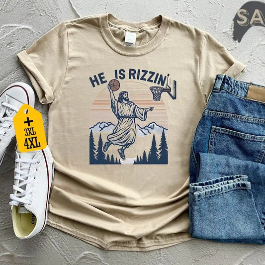 He Is Rizzin' Funny Jesus Playing Basketball Shirt, Retro Y2K Christian Faith Tee Cotton Menswear