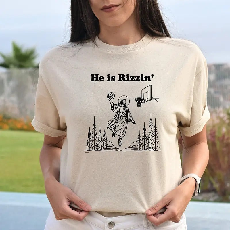 He Is Rizzin' Shirt, Funny Easter Shirt, Humor Christian Shirt, Jesus Shirt, Easter Day Outfit, Jesus Basketball Easter,...