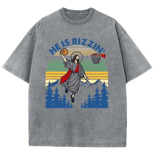 He Is Rizzin' Unisex Washed T-Shirt, Christian Jesus  t shirts, Vintage 90s Graphic Tee Gift Cotton Top, Mineral color
