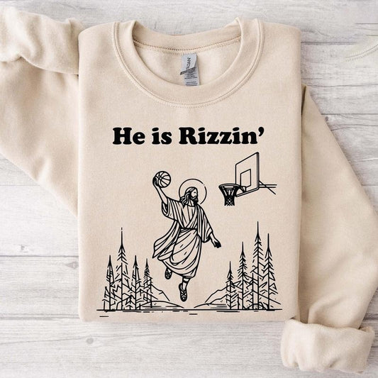 He Is Rizzin Easter Jesus Sweatshirt, Christian Shirt, Faith-Based Easter Sweatshirt, Jesus Playing Basketball Sweater,...
