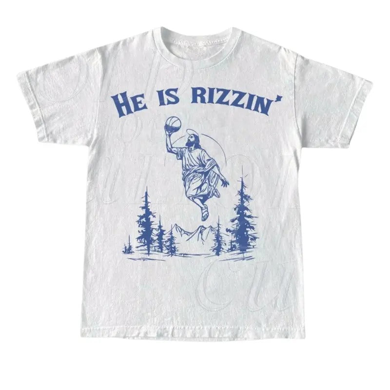 He Is Rizzin Vintage Graphic T-Shirt, Vintage Jesus Playing Basketball Unisex Adult T Shirt, Vintage 90s Funny T Shirt, Jesus Gifts Menswear Top
