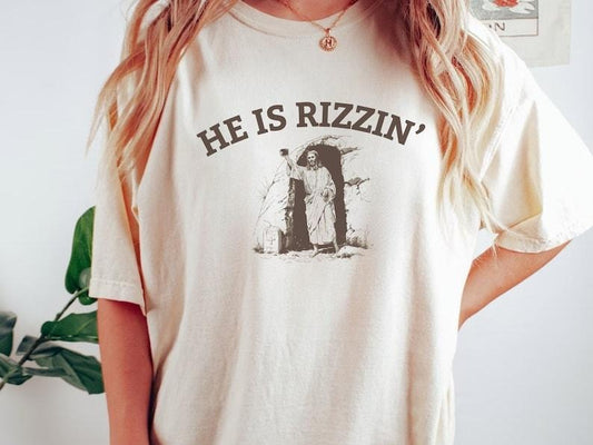 He is Rizzin' Funny Easter Shirt of Jesus Taking a Tomb Selfie, Retro Christian Faith Religious Graphic Tee, Weirdcore Clothing That Go Hard Sweatshirt, Hoodie, Comfort Colors