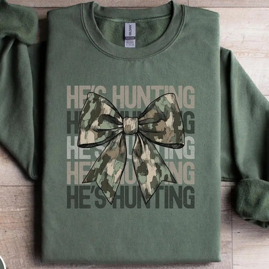 He's Hunting Coquette Bow Sweatshirt, Hunting Season Widow, Deer Hunter Gift, Hunter Sweater, Hunters Wife Shirt, Gift...