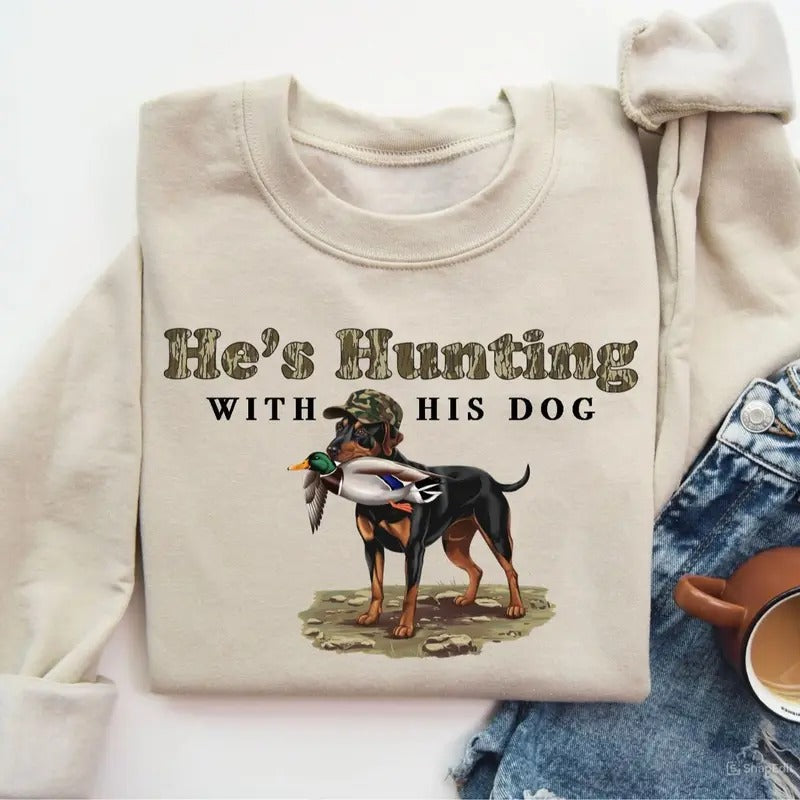 He's Hunting with His German Shorthair Dog Unisex Crewneck Sweater, Hunting Camo Bottomland Duck Hunt Shirt