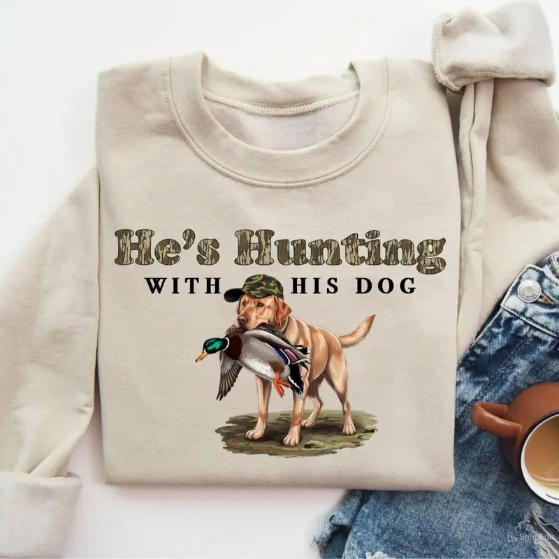 He's Hunting with His Labrador Retriever Dog Unisex Crewneck Sweater, Hunting Camo Bottomland Duck Hunt Shirt