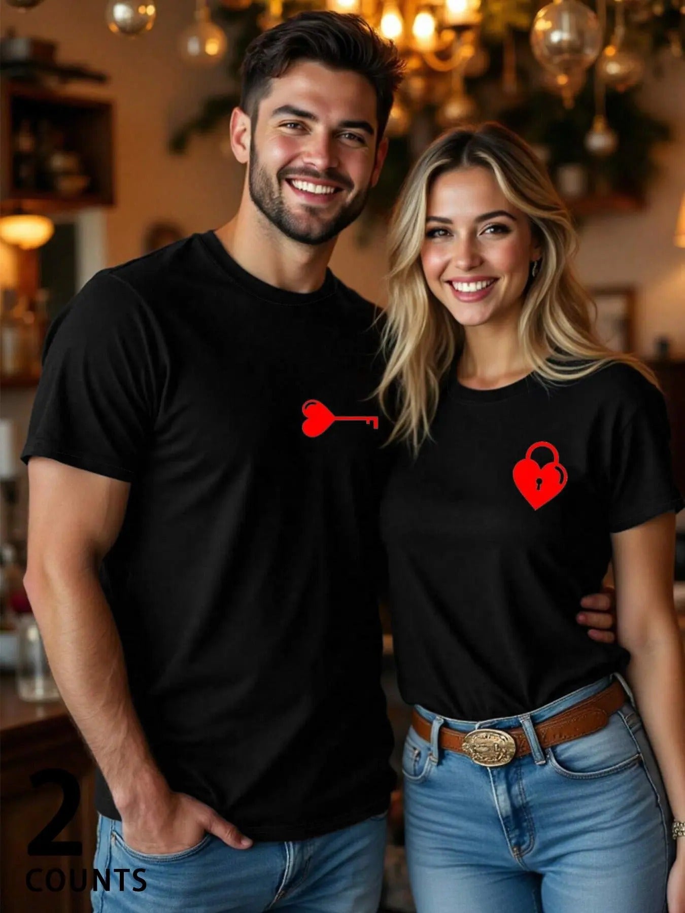 Heart & Key Print Couple Tee, Casual Fashion Round Neck Short Sleeve T-shirt for Daily Wear, Ladies Clothes for All Seasons