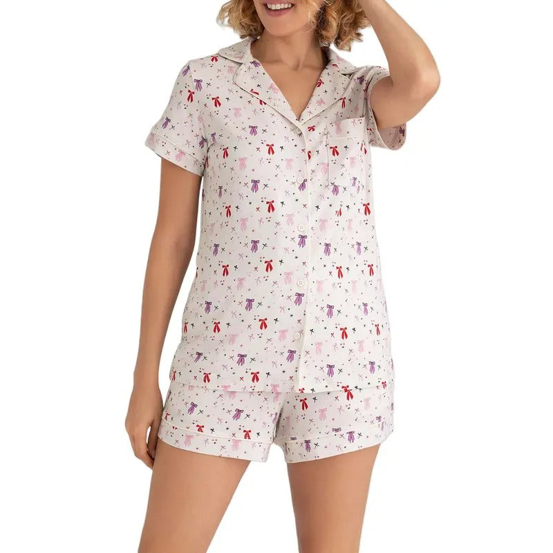 Women's 2 Piece Lounge Set Short Sleeve Lapel Bow/Heart Print Button Up Tops Shorts Sleepwear Sets T-Shirts, Hoodie,...
