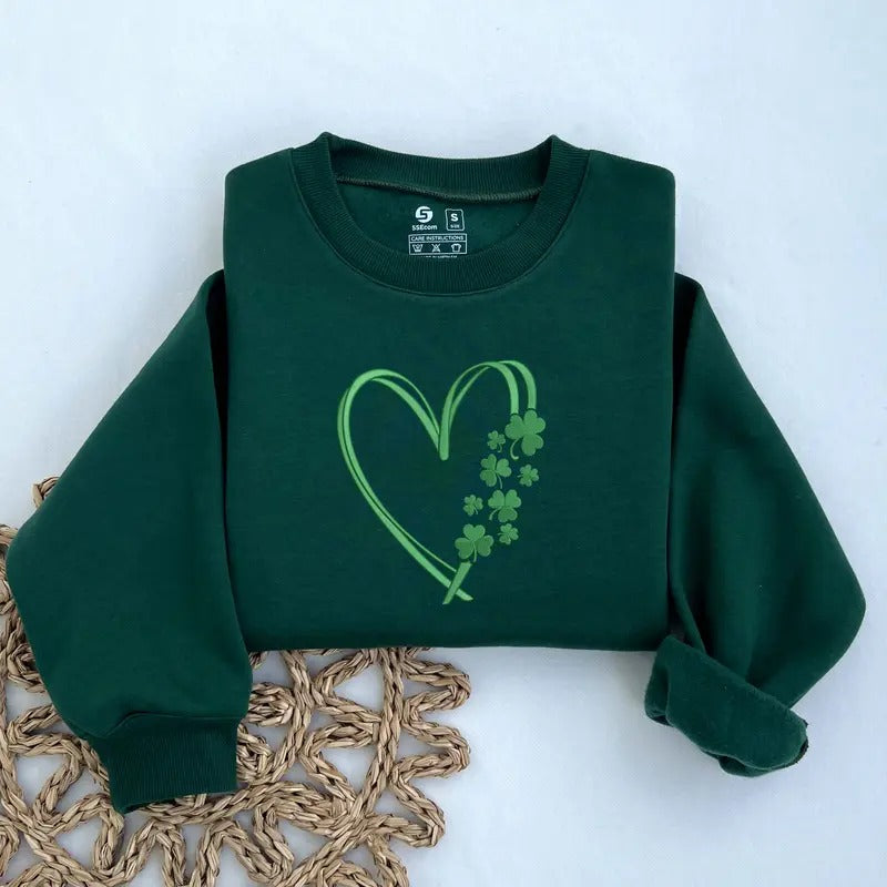 Heart Shamrock Embroidered Sweatshirt, St Patrick's Day Sweater, Green Gift for Her, Lucky Clover Sweatshirtstyle{n002}2