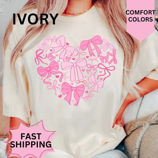 Heart Shape Bows Valentines day Shirt~ Unisex Apparel Relaxed Fit Printed In The USA Clothing Womenswear Casual Comfort Cotton Top Athletic Boho Chic