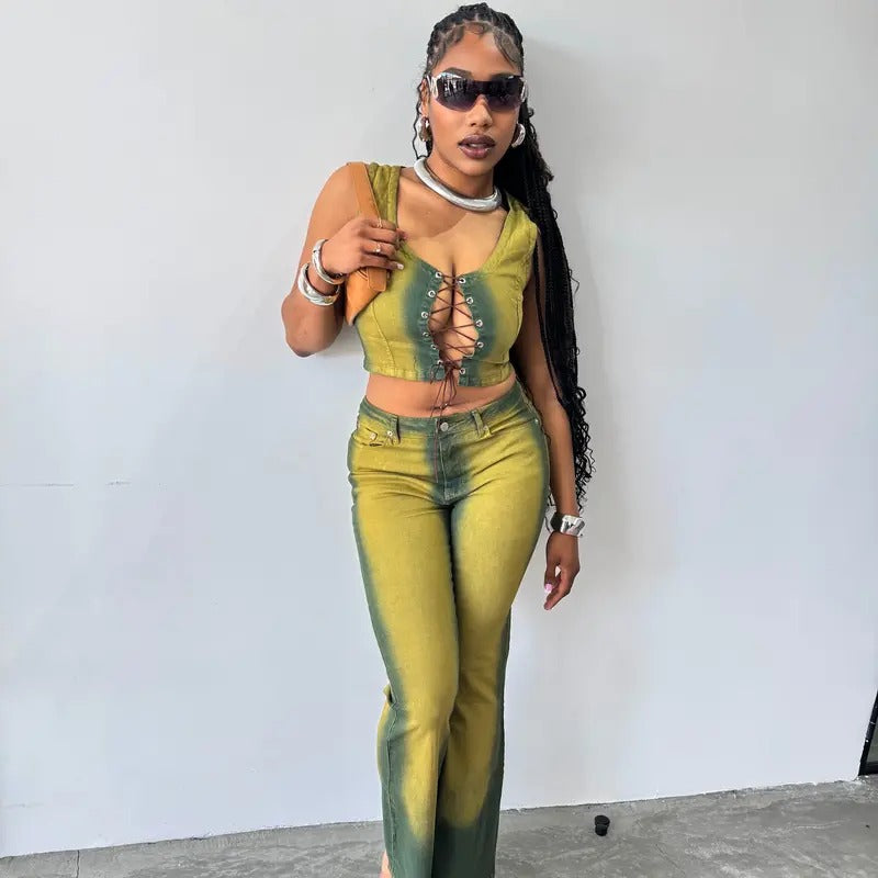 Heat Wave Yellow Wash Denim Straight Leg Pant