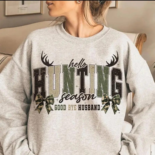 Hello Hunting Season Goodbye Husband Tshirt Sweatshirt Hoodie, Camo Coquette Bow Sweatshirt, Girls Camo Bow shirt Cotton...