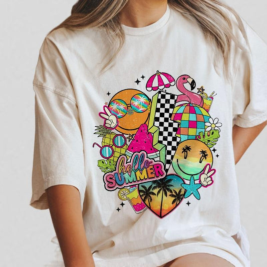 Hello Summer Shirt, Retro Summer T-shirt, Colorful Summer Shirt For Her, Summer Welcome Outfit, Colorful Holiday T-Shirt, Summer Vacation Shirt, Family Shirts, Gift For Traveler, Women Tops, Shirt For Women, Summer Vibes Tee Comfort Womenswear Breathable