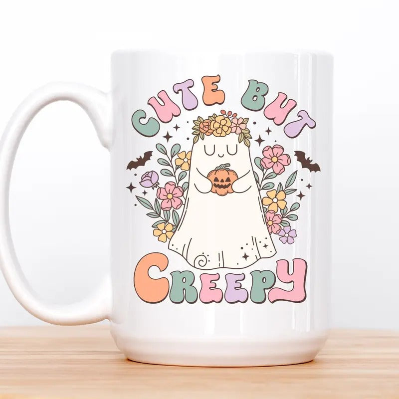 Halloween Spooky Cute Mug, Ghost & Flower Coffee Cup, Baby Boo Mug, Novelty Halloween Gift, 11oz/15oz Ceramic Drinkware for Him/Her