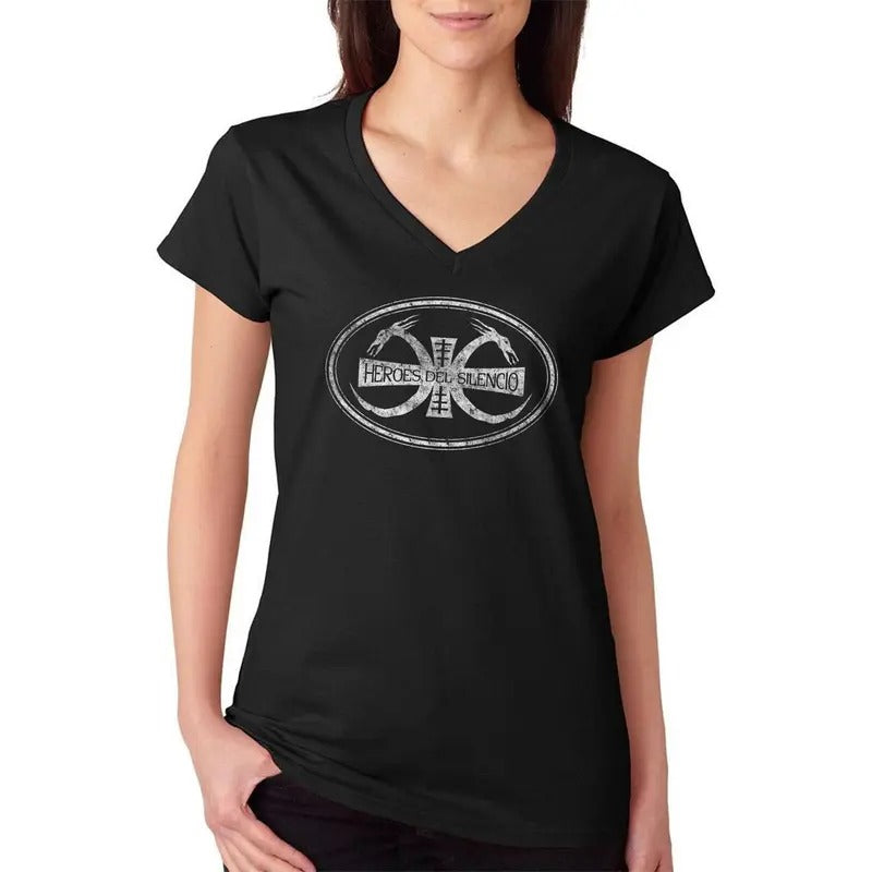Heroes Del Silencio Bunbury Distressed Logo B Women's V-Neck T-Shirt Casual Comfort