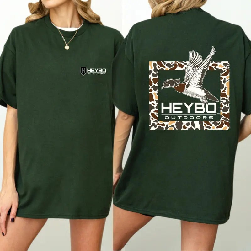 Heybo Outdoors T-Shirt - Classic Hunting Style Featuring Flying Duck and Camo Background, Perfect for Outdoor Enthusiasts and Waterfowl Fans, Unisex Tee for Everyday Comfort