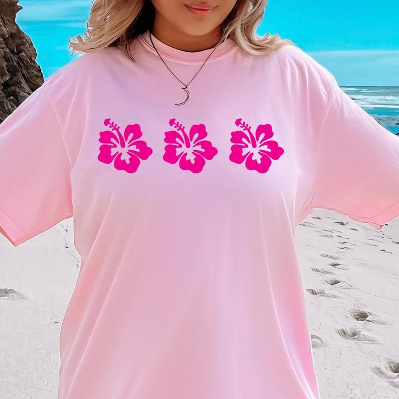 Hibiscus Flower Shirt, Summer Vacation Shirt, Beachy Tshirt, Trendy Shirt, Preppy Clothes, Oversized Tee, Indie Retro, Beach Aesthetic Shirt Casual Oversized Cotton Shirt for the Beach Comfort Fabric