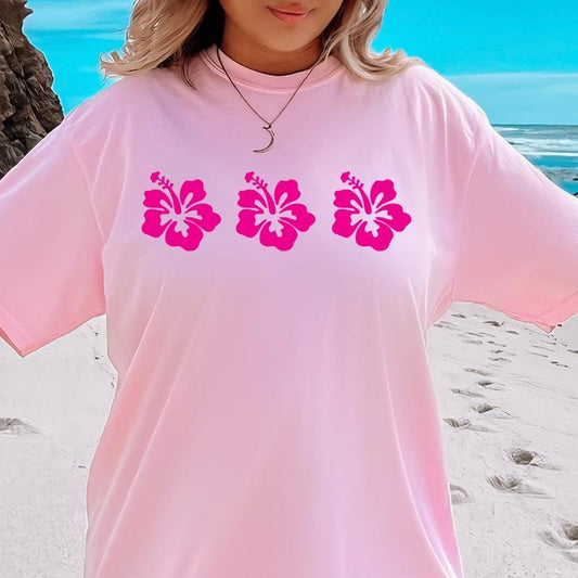 Hibiscus Flower Shirt, Summer Vacation Shirt, Beachy Tshirt, Trendy Shirt, Preppy Clothes, Oversized Tee, Indie Retro, Beach Aesthetic Shirt Casual Oversized Cotton Shirt for the Beach Comfort Fabric