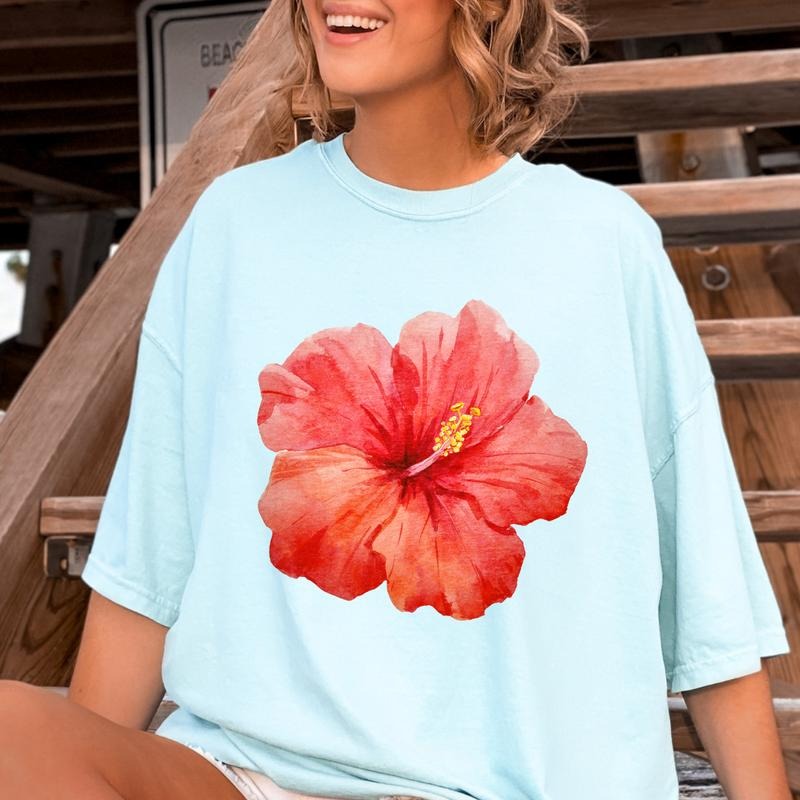 Hibiscus flower Graphic Beach Shirt ~ Unisex Apparel Relaxed Fit Printed In The USA Clothing Womenswear Casual Comfort Cotton Top Athletic Boho Chic